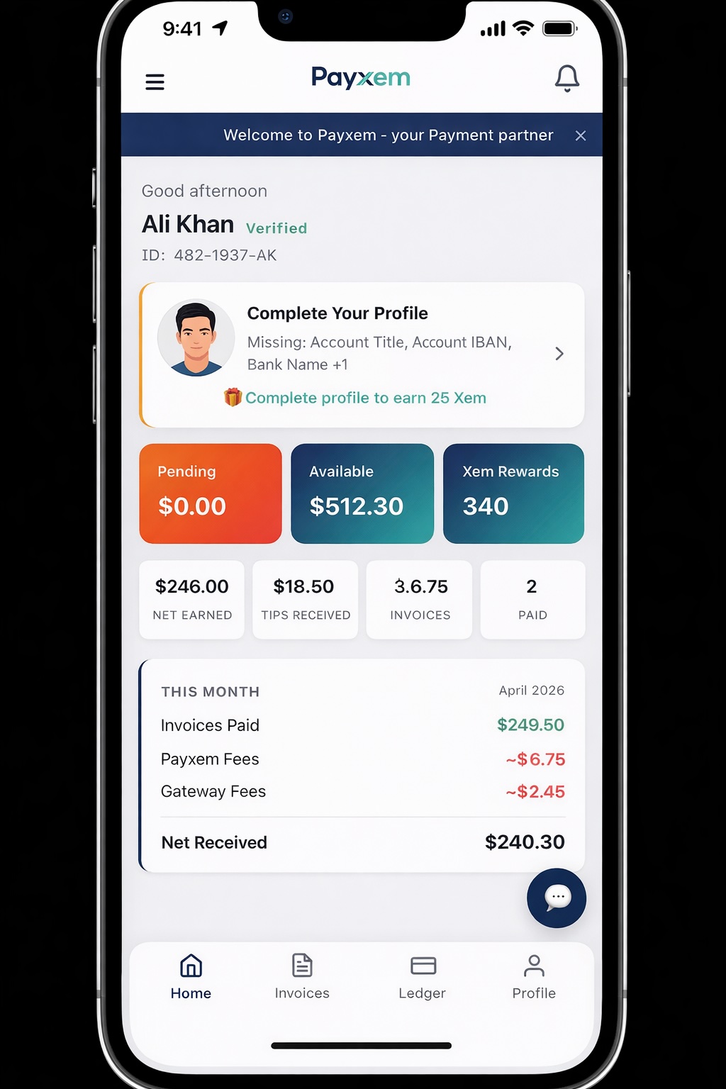Payxem profile setup screen with business details